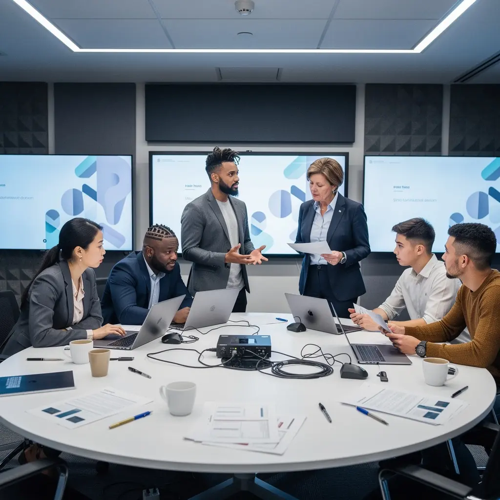 Уютный уголок для отдыха сотрудников с мягкой мебелью и зелеными растениями.