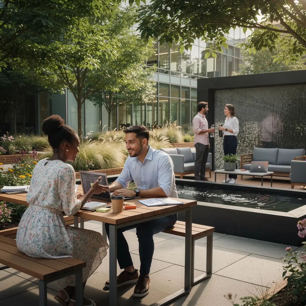 Зона для переговоров с современным дизайном и хорошим освещением.