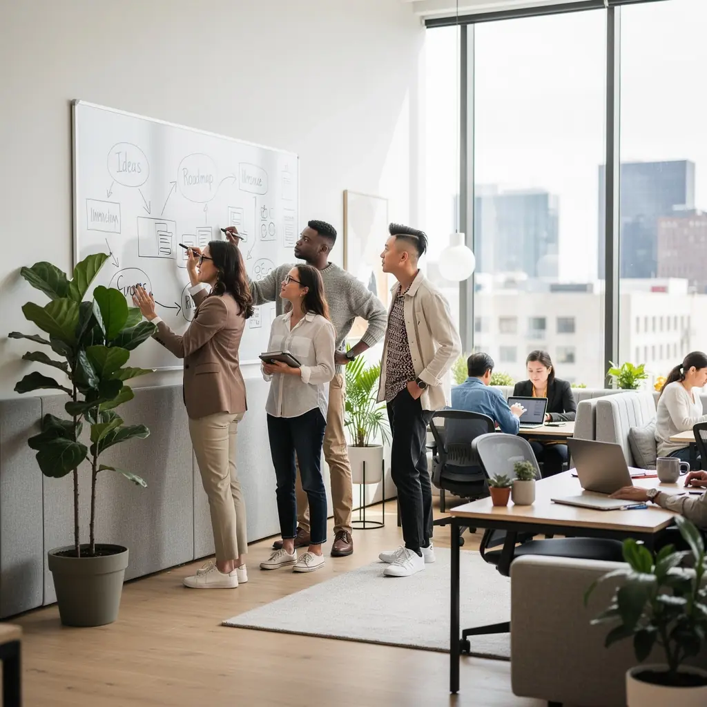 Стена с цветными акустическими панелями, уменьшающая шум в офисе.