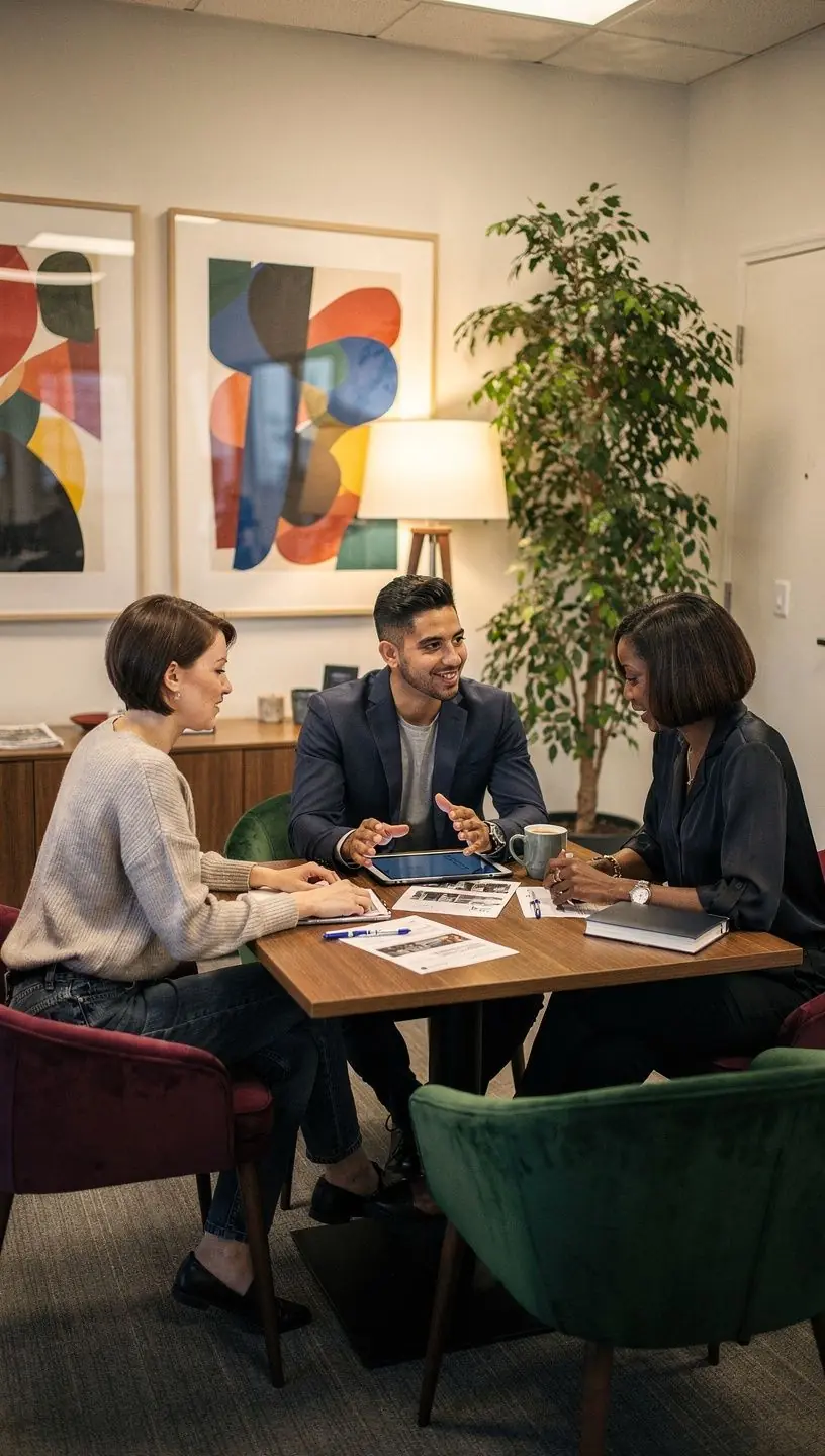 Зона отдыха в офисе с мягкой мебелью и зелеными растениями для расслабления.